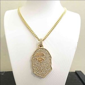 14k Gold Iced Out Bape Ape Charm Pendant Chain
